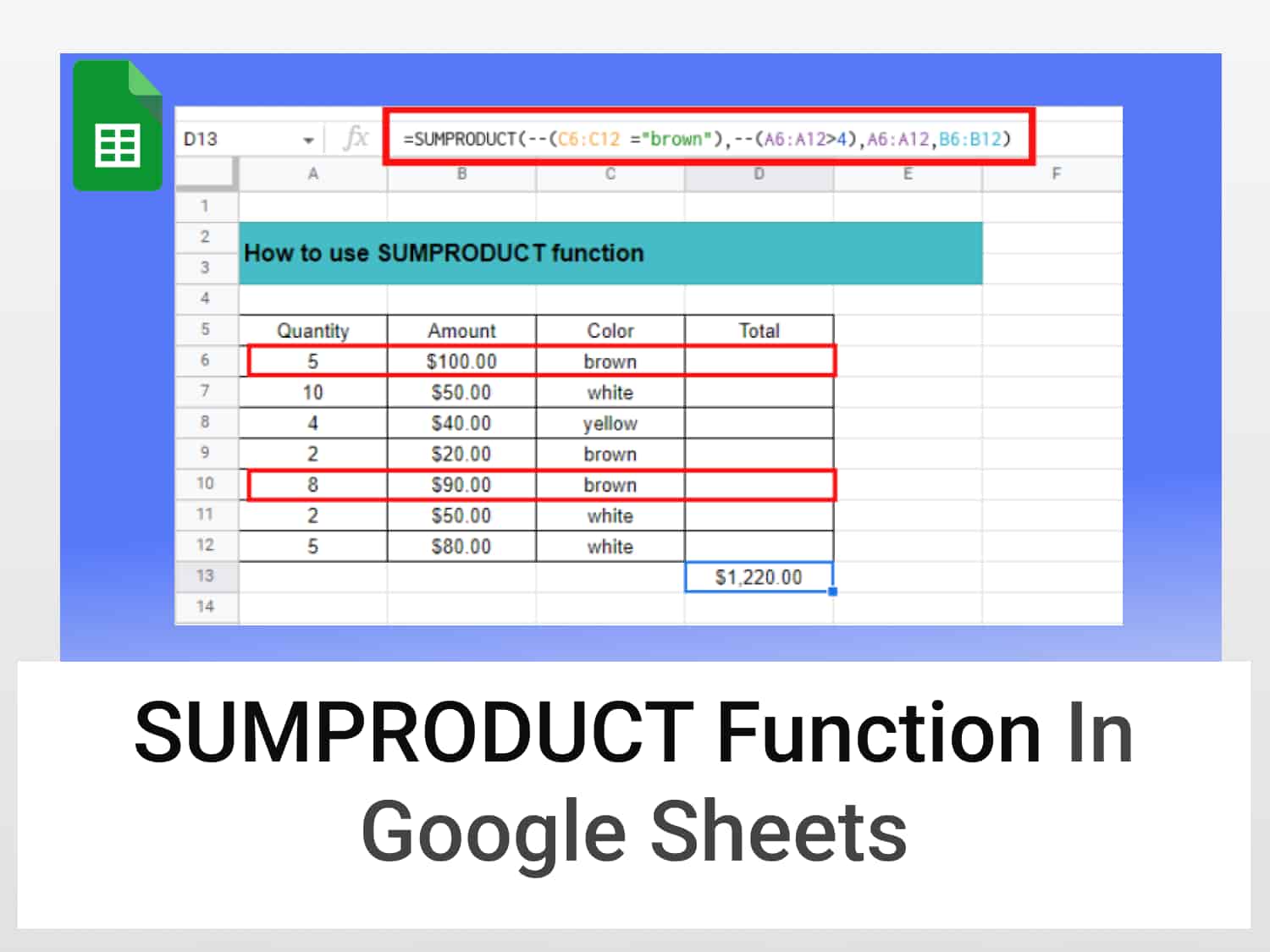SUMPRODUCT function in Google Sheets