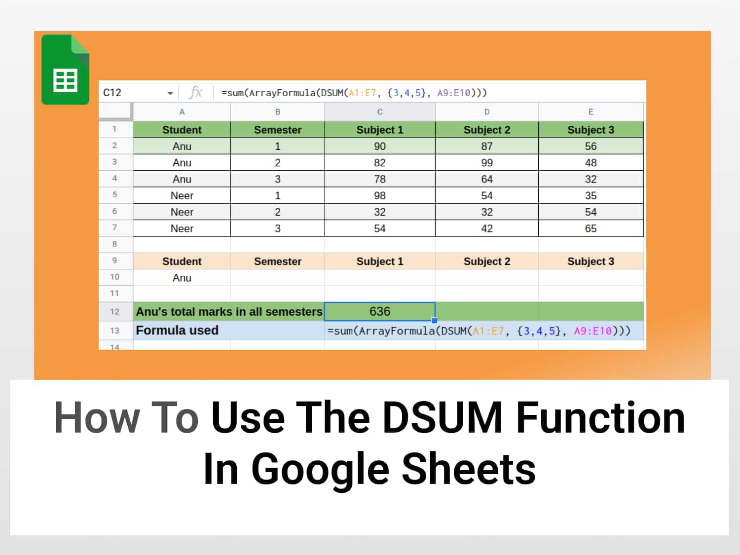 How to use the DSUM function in Google Sheets