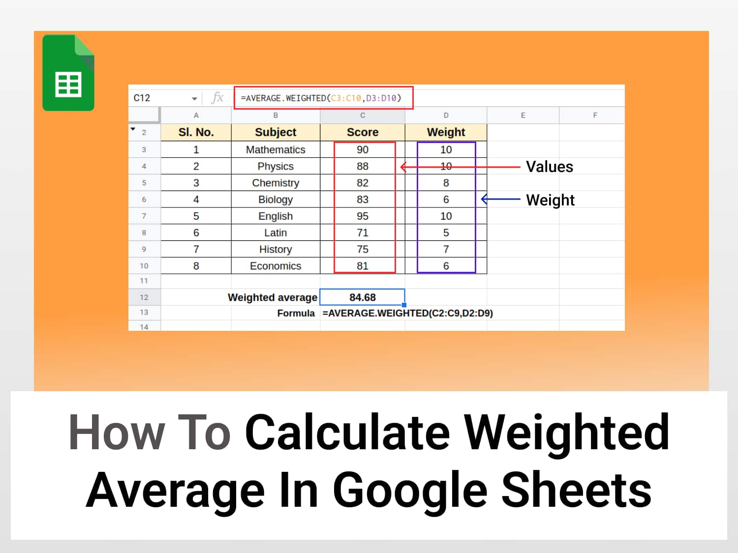 Calculate weighted average in Google Sheets