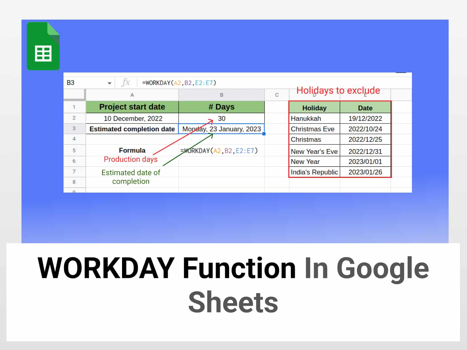 WORKDAY function in Google Sheets