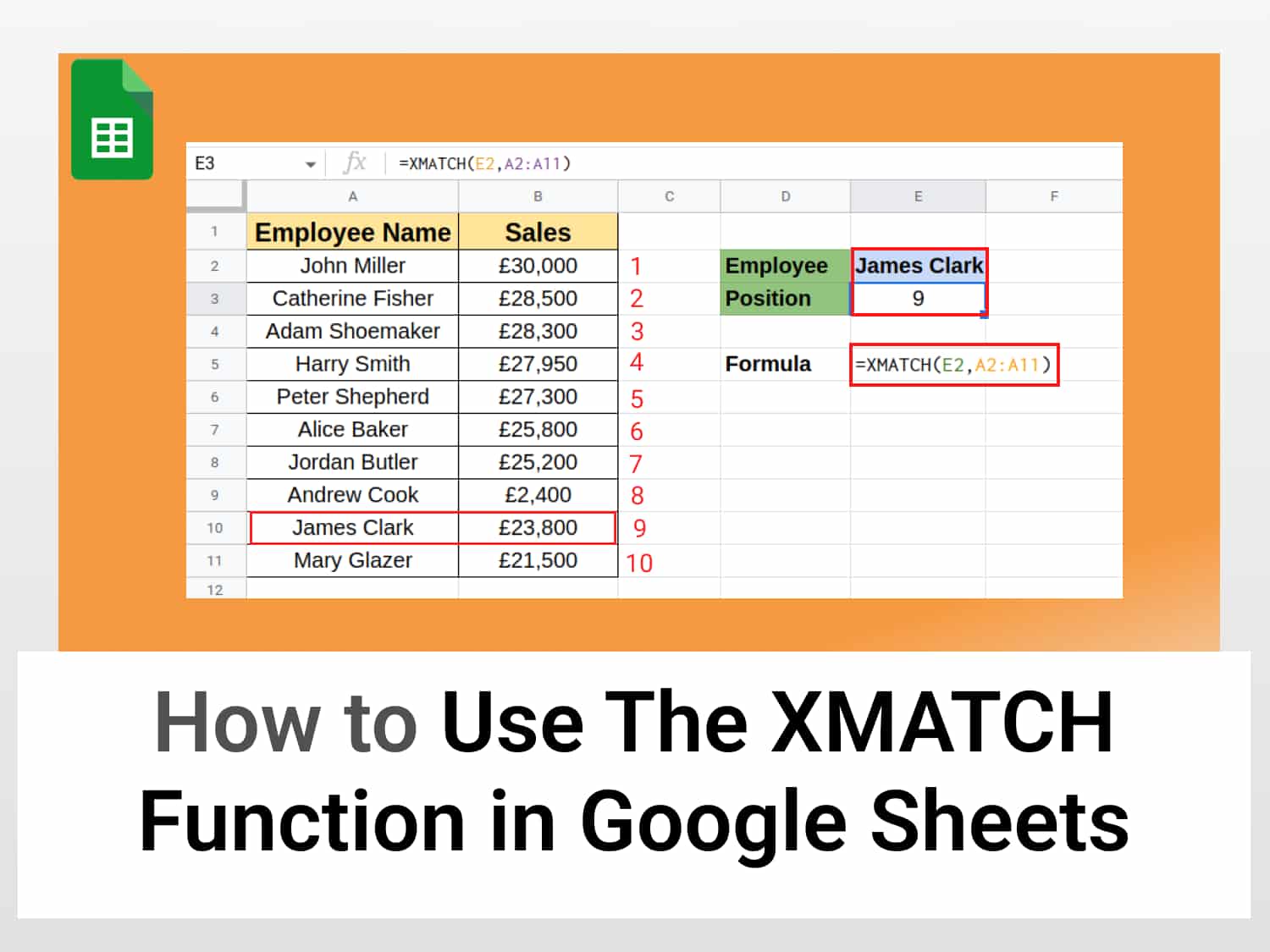 XMATCH function in Google Sheets